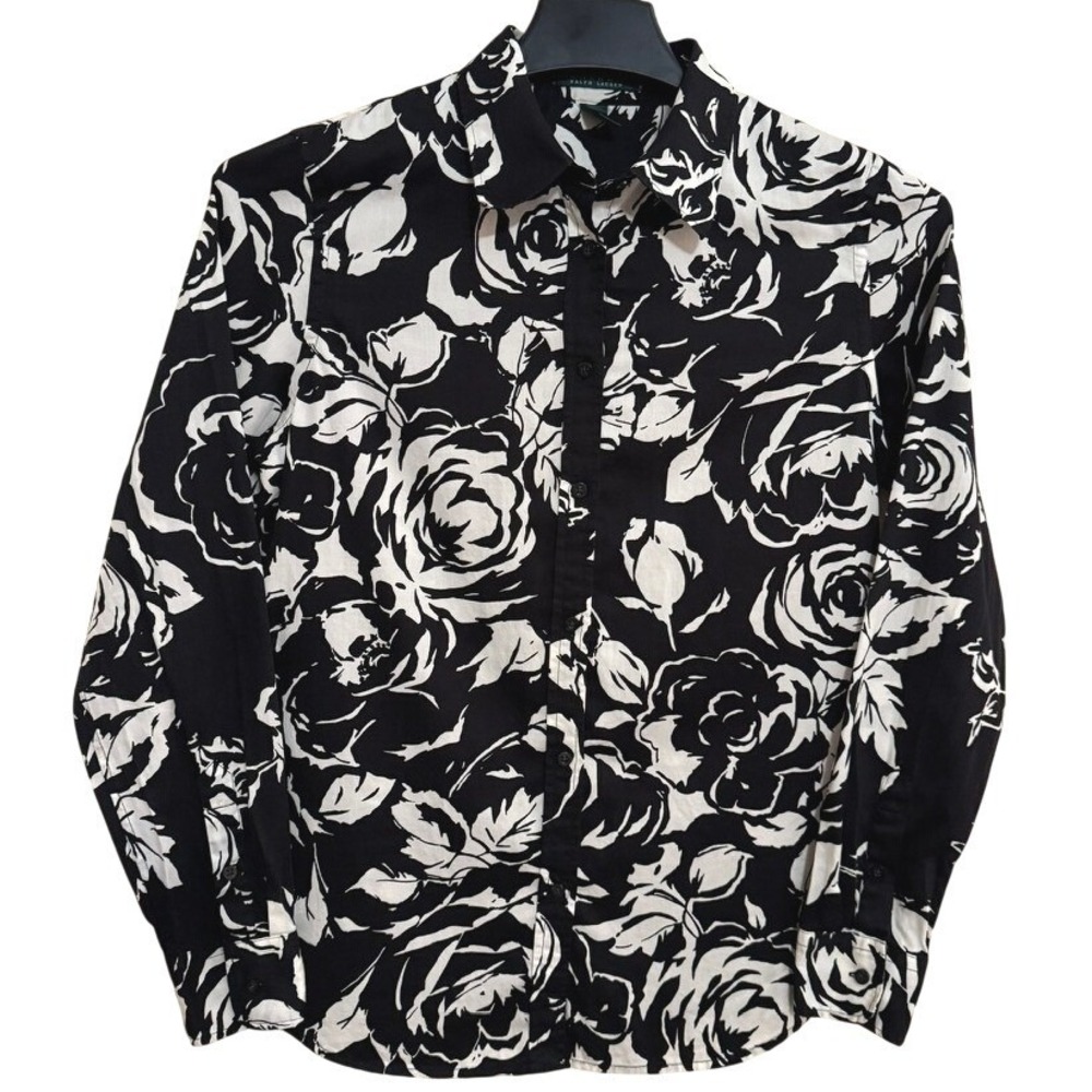 Lauren Ralph Lauren Floral Button Down Blouse Top Womens Medium Black White LS